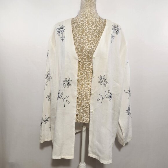 Jennifer Women Size 20 White Embroidered Long Sleeve 100% Ramie Button Tunic Top - Picture 11 of 16